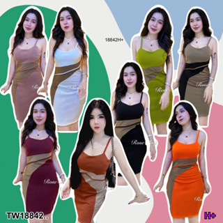 👗Pfashion [ส่งไวมาก🚛] P18842 เดรส ทูโทน อกเสริมฟองน้ำ แต่งแถบสีน้ำตาล ..