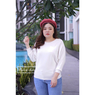 BL-Jasmine-สีขาว เสื้อไหมพรมสาวอวบคนอ้วน อก 46 นิ้ว ทรงใหญ่แขนยาวทรงปีกค้างคาว เนื้อผ้าทอร่องเล็กลายขวาง