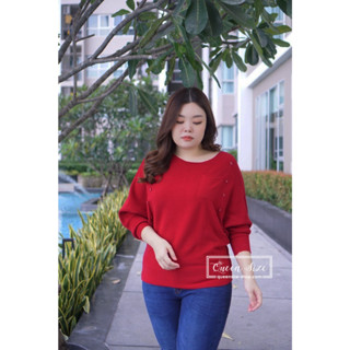 BL-Jasmine-สีแดง เสื้อไหมพรมสาวอวบคนอ้วน อก 46 นิ้ว ทรงใหญ่แขนยาวทรงปีกค้างคาว เนื้อผ้าทอร่องเล็กลายขวาง
