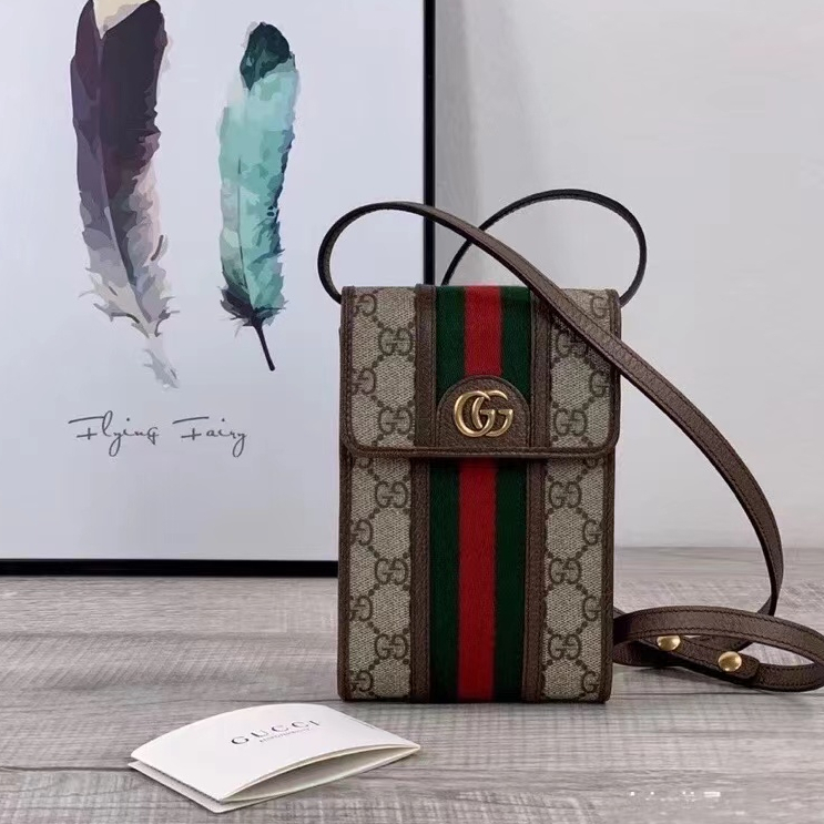 GUCCI Gucci Women's Ophidia series ผ้าแคนวาสประดิษฐ์พร้อมหนังกระเป๋าสะพายข้างขนาดเล็กกระเป๋าใส่โทรศัพท์มือถือ 625757 96I