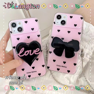 🌈Langton🌸รูปหัวใจ โบว์หูกระต่าย ขาตั้ง ถอดได้ ลายจุด iphone 11 14pro max ป้องกันการหล่น รุ่นโซ่ case for iPhone 12 13