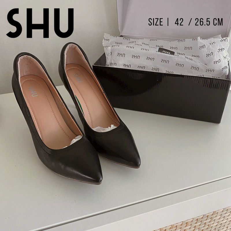 SHU รองเท้า ส้นสูง คัชชู หนังแกะ สีดำ สูง 3นิ้ว