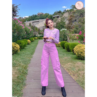 ชุดเซ็ต เสื้อทวิตสีม่วง+กางเกงแต่งกระเป๋า btstuido