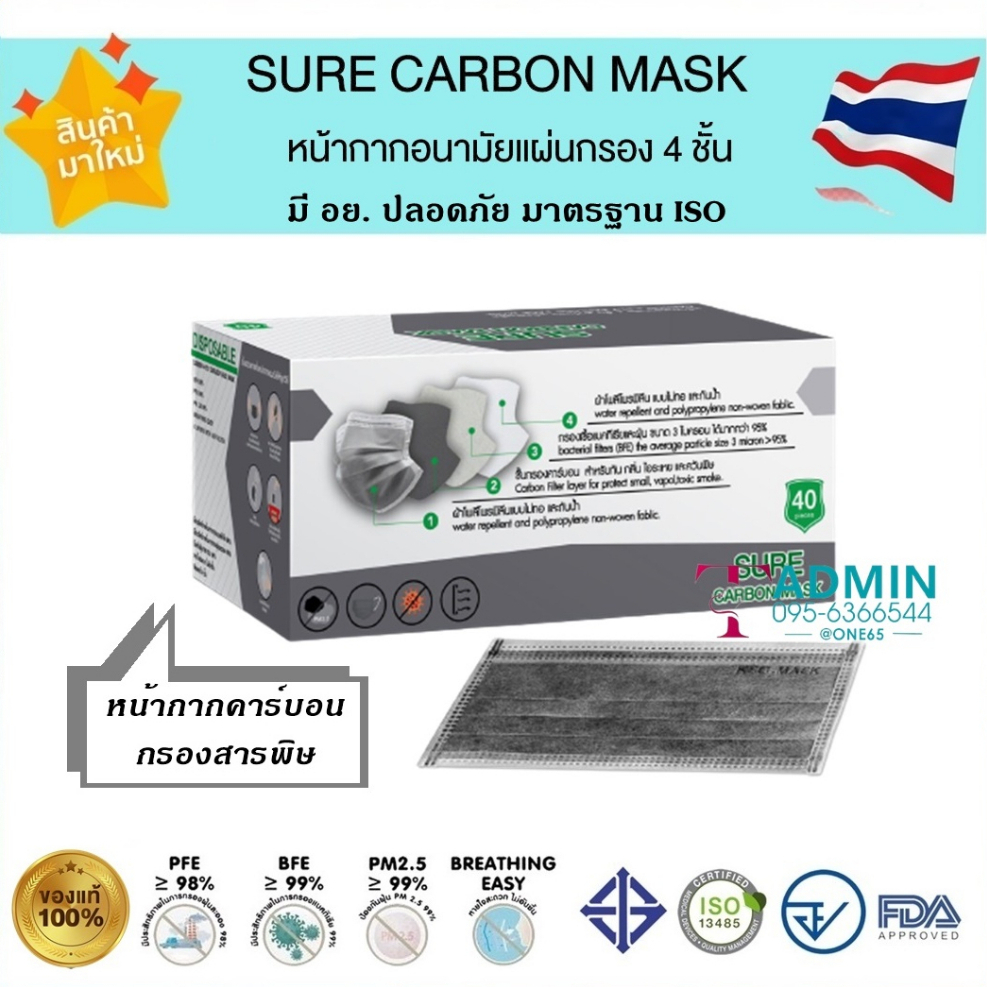 🌟หน้ากากอนามัยคาร์บอน หนา 4 ชั้น ผลิตในไทย มีอย.ปลอดภัย🌟Sure Carbon Mask ปั๊ม KSG ทุกแผ่น งานคุณภาพ - 1 กล่องบรรจุ40ชิ้น
