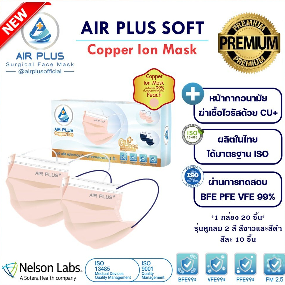 Air Plus Copper Ion Mask หน้ากากคอปเปอร์ฆ่าเชื้อไวรัส(รุ่นหูกลม) ปลอดภัย มีอย.- 1 กล่อง/20ชิ้น