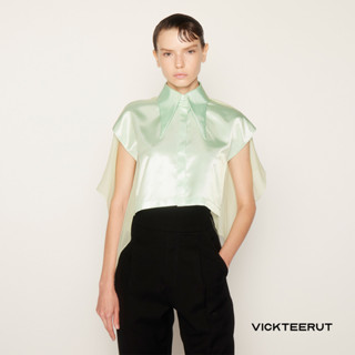 VICKTEERUT Capped Sleeve Cropped Shirt with Silk  Back เสื้อตัวสั้น ปกเชิ้ต แขนเต่อ ตัดต่อไหมชีฟอง DRY CLEAN ONLY