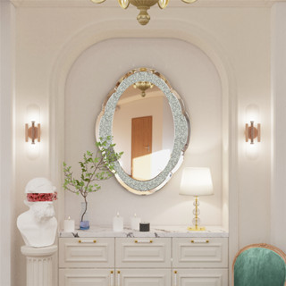 กระจกแขวนติดผนัง กระจกสไตล์ยุโรป Oval Mirrors for Wall Crystal Crushed Diamond Living Room Bathroom Decor Decorative