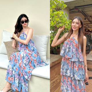 Maxi floral layers dress เดรสยาวลายดอก ดีเทลสายคล้องคอ แต่งระบายชั้นๆ มี2สี