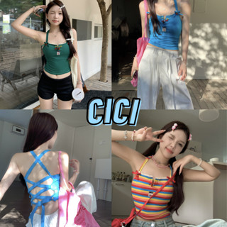 Cici(NO.S3097)เสื้อครอปสายเดี่ยว ดีเทลผูกเชือกด้านหลัง มีลูกเล่นตรงหน้าอก Y2K Y2 ใจ