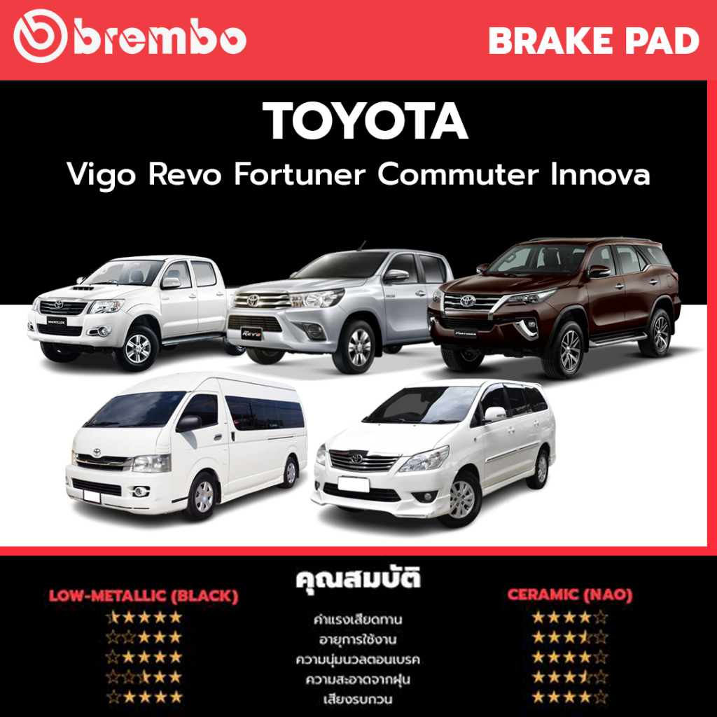 Brembo ผ้าเบรคหน้า Ceramic เซรามิค (NAO) Toyota Vigo วีโก้ Revo รีโว้ Fortuner ฟอจูนเนอร์ Commuter Innova