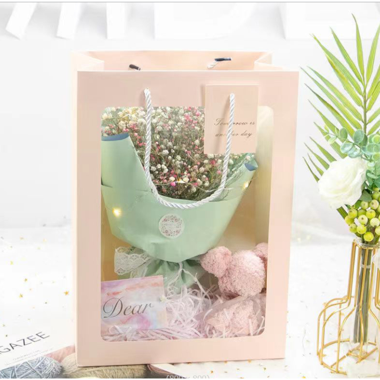 GIDA พร้อมส่ง ถุงกระดาษ สีใสด้านหน้า กระเป๋าใส่ของ หูหิ้วกระดาษช่องหน้าต่าง กระดาษของขวัญ