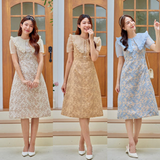 about her : Elizabeth Dress เดรสลูกไม้ปักนูน แขนกับปก ดีเทลผ้าแก้ว