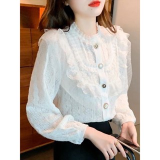 เสื้อเคอปีนแขนยาวปล่องผ้าสวยแต่งตีเกล็ดหน้าแจมลูกไหม