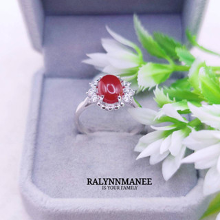 C6424 แหวนพลอยเรดอาเกตหลังเบี้ยแท้ ( Red Agate ) ตัวเรือนเงินแท้ 925 ชุบทองคำขาว ไซส์ 49,54 แก้ไซส์ฟรี