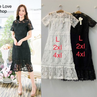 เดรสลูกไม้ดำ!!! L-4XL Mini Dress เดรสสั้นสีดำแขนสั้นผ้าปักลายลูกไม้ งานป้าย Love love