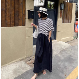 [8472] เดรสยาวทูโทนเสื้อลายทาง