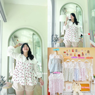F0014 เสื้อคอบัวแขนยาว ตัดต่อตัวเสื้อลายดอกไม้ระบายช่วงเอวน่ารัก plussize สาวอวบ