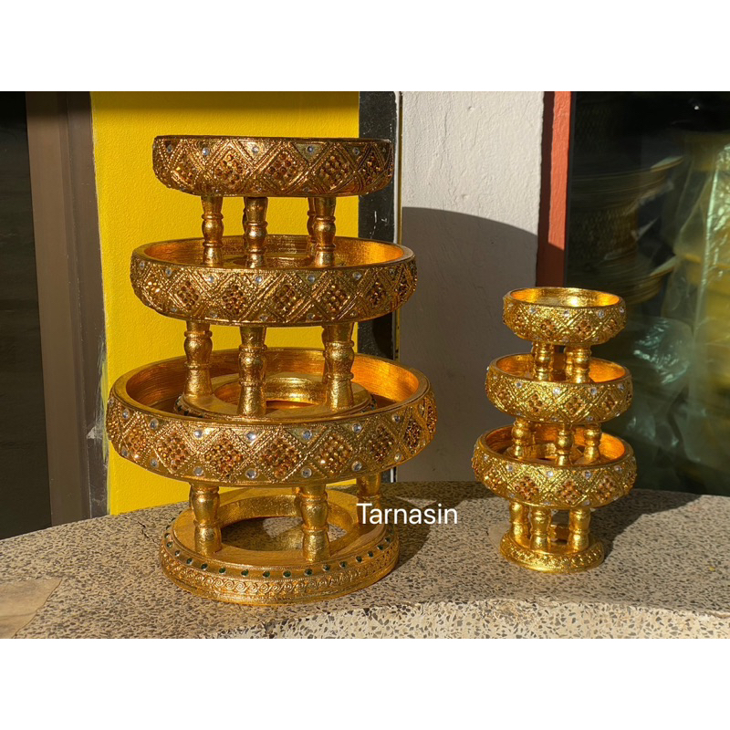 ((สวยตรงปก)) ขันโตกปิดทอง ขันโตกสีทอง ขันโตก พานขันโตก ขันโตกไม้ ลายเหลี่ยมข้าวหลามตัด ขนาด 4,5,6,8,10,12นิ้ว - รูปที่ 2