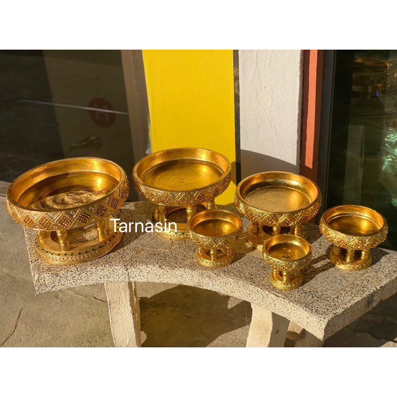((สวยตรงปก)) ขันโตกปิดทอง ขันโตกสีทอง ขันโตก พานขันโตก ขันโตกไม้ ลายเหลี่ยมข้าวหลามตัด ขนาด 4,5,6,8,10,12นิ้ว - รูปที่ 5