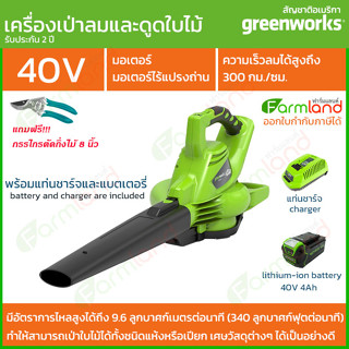 Greenworks เครื่องเป่าลม/เครื่องดูดระบบสุญญากาศ ไร้สาย 40V พร้อมแท่นชาร์จและแบตเตอรี่ ( รับประกัน 2 ปี )