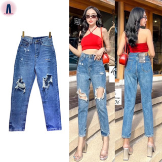 Wink jeans กางเกงยีนส์เอวสูงทรงบอยแต่งขาดสียีนส์ฟอกอ่อน #2436 jeansdede