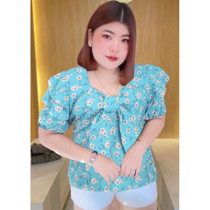 เสื้อผ้าด๊อบบี้ลายดอก รุ่นคอวี-โบว์หน้า อก 42-48" นิ้ว