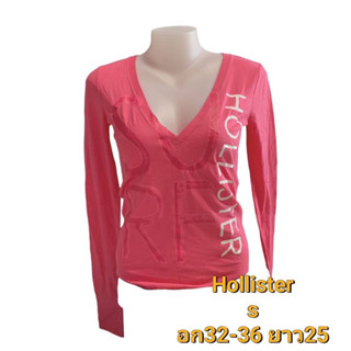 เสื้อแขนยาวผู้หญิงคอกลมคอวี สีชมพูสกรีนลายHollister /สีเทา