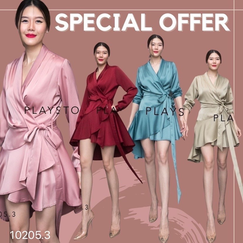 MirrorSister 10205.3 เดรสผ้าซิลค์ซาติน ทรงสวยหรู เดรสออกงาน ไปงาน สวยเก๋มาก ทันสมัย ไฮโซ ผูกให้เข้ารูปที่เอวตามใจชอบ