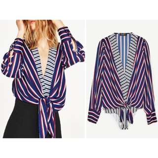 เสื้อบอดี้สูทสองชั้นลายทาง Red White &amp; Navy Blue Striped Blouse Bodysuit A22