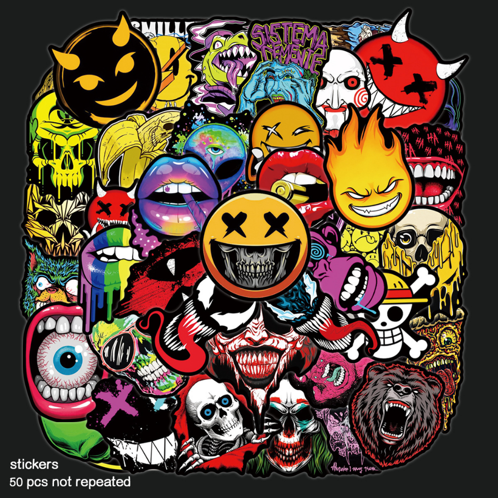 พร้อมส่ง punk ดำขาว JOKER SKULL devil sticker สติกเกอร์ onepiece ศิลปะกอทิก 50ชิ้น halloween