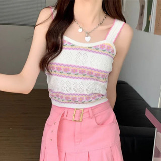 Korean🧧 เสื้อไหมพรมฉลุ แต่งลายดอกไม้สีม่วงอมชมพู 2 สี สายเดี่ยวขอบหยัก