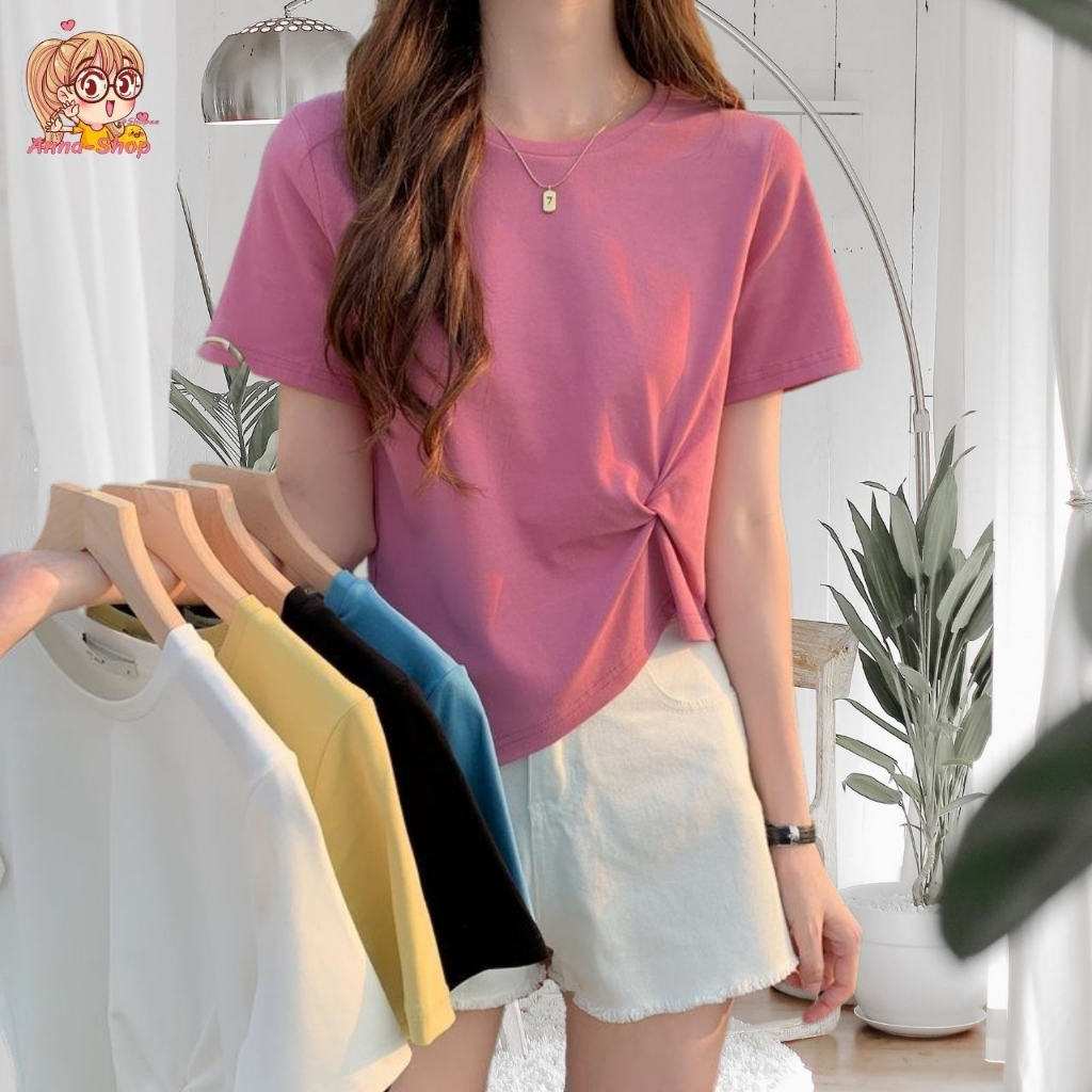 annacny "พร้อมส่ง" เสื้อยืดแขนสั้นสีพื้น คอกลม ดีเทลจีบเอวเก๋ๆ น่ารักมาก TS420