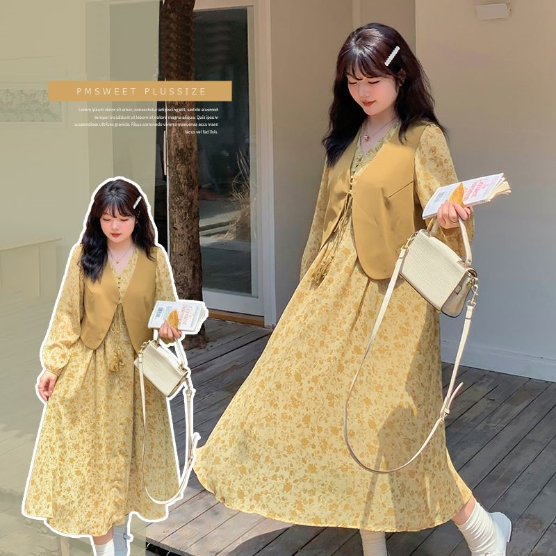 [ อกถึง 54" ] : PMP2200 : พรีออเดอร์ เสื้อผ้าไซส์ใหญ่ คนอ้วน ชุดเซ็ตสาวอวบสีเหลือง กระโปรงลายดอก