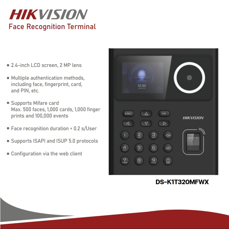 HIKVISION Face Access Terminal 2.4-inch LCD screen, 2 MP lens รุ่น DS-K1T320MFWX