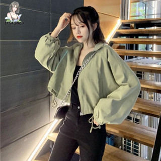 เสื้อครอปสไตล์เกาหลี ผูกเอวหลวม เสื้อโค้ทแฟชั่น แขนจั้ม ซิปหน้า พร้อมส่ง TS370
