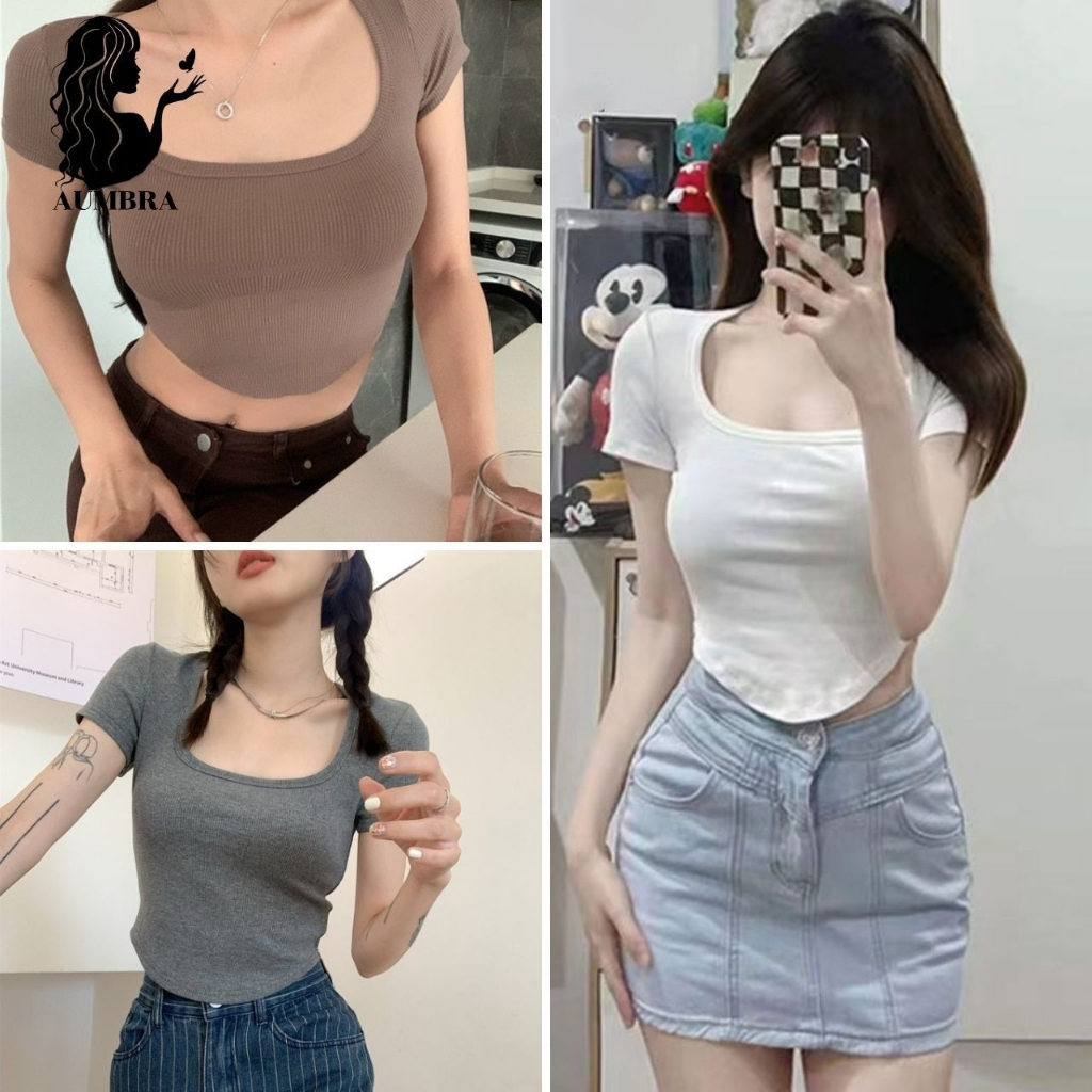แฟชั่นผู้หญิง เสื้อรัดรูปนมโต แขนสั้น สาวแซ่บต้องมี ผ้าร่อง TS1039