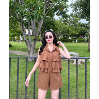 พร้อมส่ง ชุดเซต 2 ชิ้น เสื้อคอปกแขนกุด+กางเกง (J12,J32) A1794