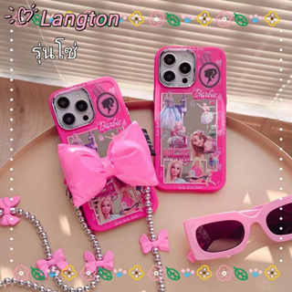 🌈Langton🌸รุ่นโซ่ การ์ตูน Barbie doll สีชมพู โบว์หูกระต่าย iphone 11 14 pro max ป้องกันการหล่น ase for iPhone 12 13