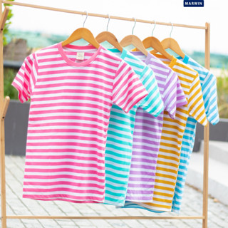 เสื้อยืดลายทางสีพาสเทล เกาหลี (S102) คอตตอนใส่สบาย ทรงunisex
