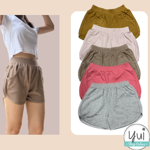 NEWYui กางเกงขาสั้นผู้หญิงรุ่น F แบบมีกระเป๋า SIZE S - 2XL สาวอวบใส่ได้ ผ้า COTTON เอวยางยืด ใส่สบาย