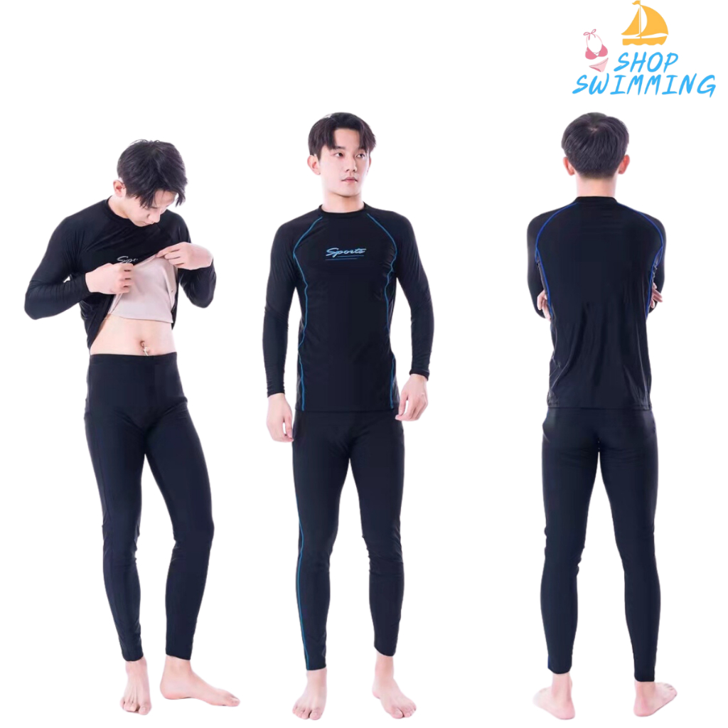 ชุดว่ายน้ำผู้ชาย 91017 แบบ 2 ชิ้น แขนยาว ขายาว สีพื้นดำ ผ้าดีใส่แร้วไม่ร้อน พร้อมส่ง🚚🚚