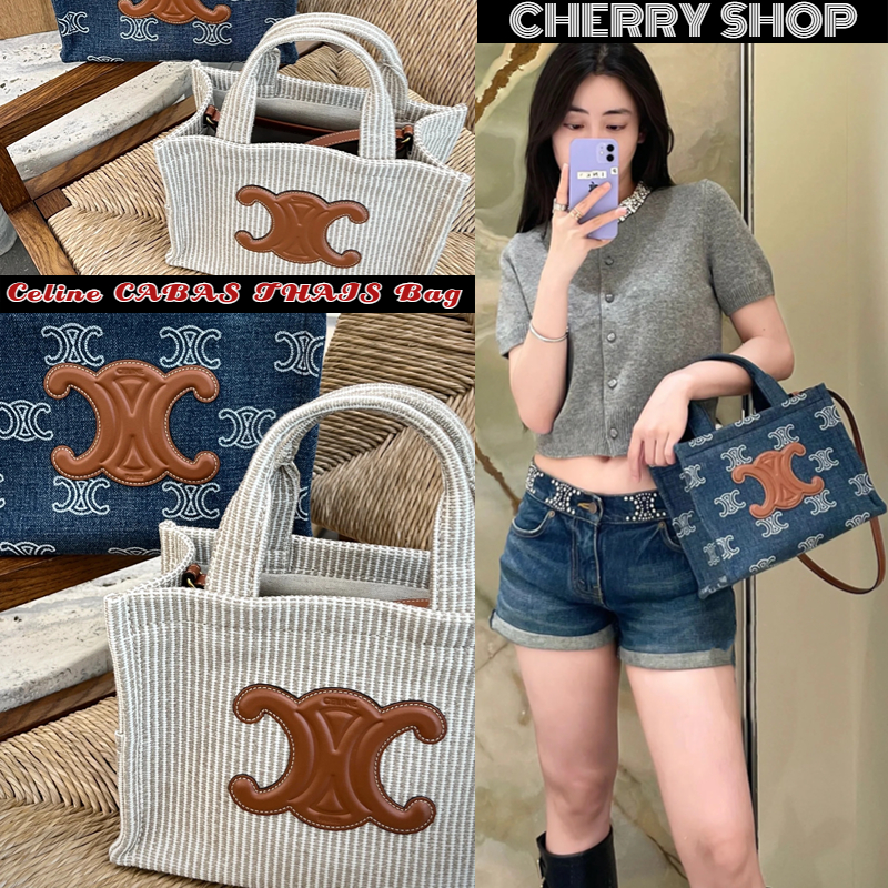 🍒ซีลีน Celine SMALL CABAS THAIS IN STRIPED TEXTILE🍒กระเป๋าผู้หญิง กระเป๋าถือ