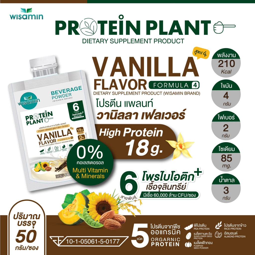 โปรตีนแพลนท์ PROTEIN PLANT สูตร 4 (ชนิดซองชงดื่ม 50 กรัม) มี 14 รสชาติ โปรตีนจากพืช 5 ชนิด มีโพรไบโอติกส์ 6 สายพันธุ์ thumbnail 5