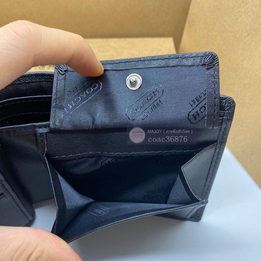 แท้💯% / ปลอดภาษี COACH กระเป๋าสตางค์ผู้ชายใบสั้นสองพับ，พร้อมกระเป๋าใส่เหรียญ 1 ใบ