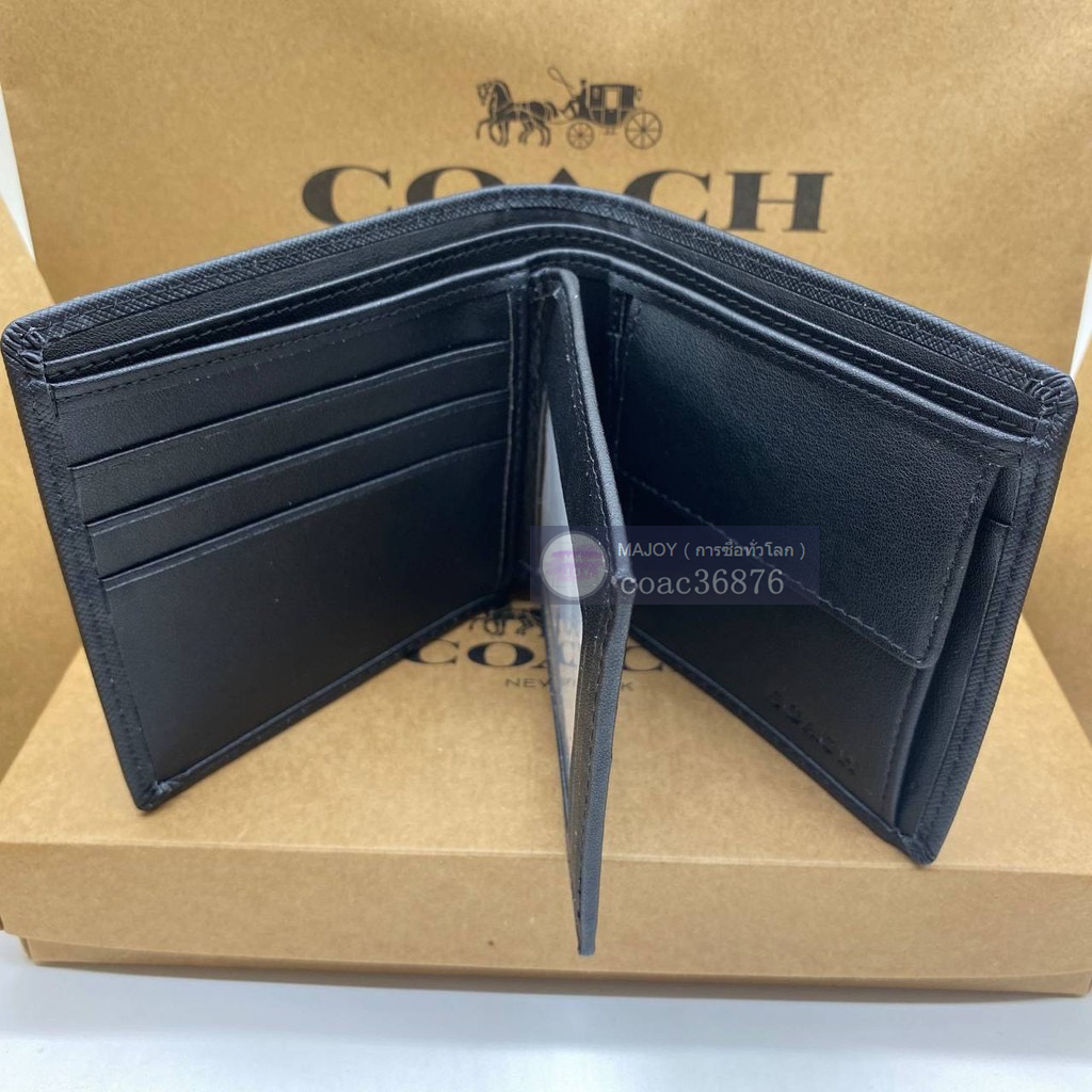 แท้💯% / ปลอดภาษี COACH กระเป๋าสตางค์ผู้ชายใบสั้นสองพับ，พร้อมกระเป๋าใส่เหรียญ 1 ใบ