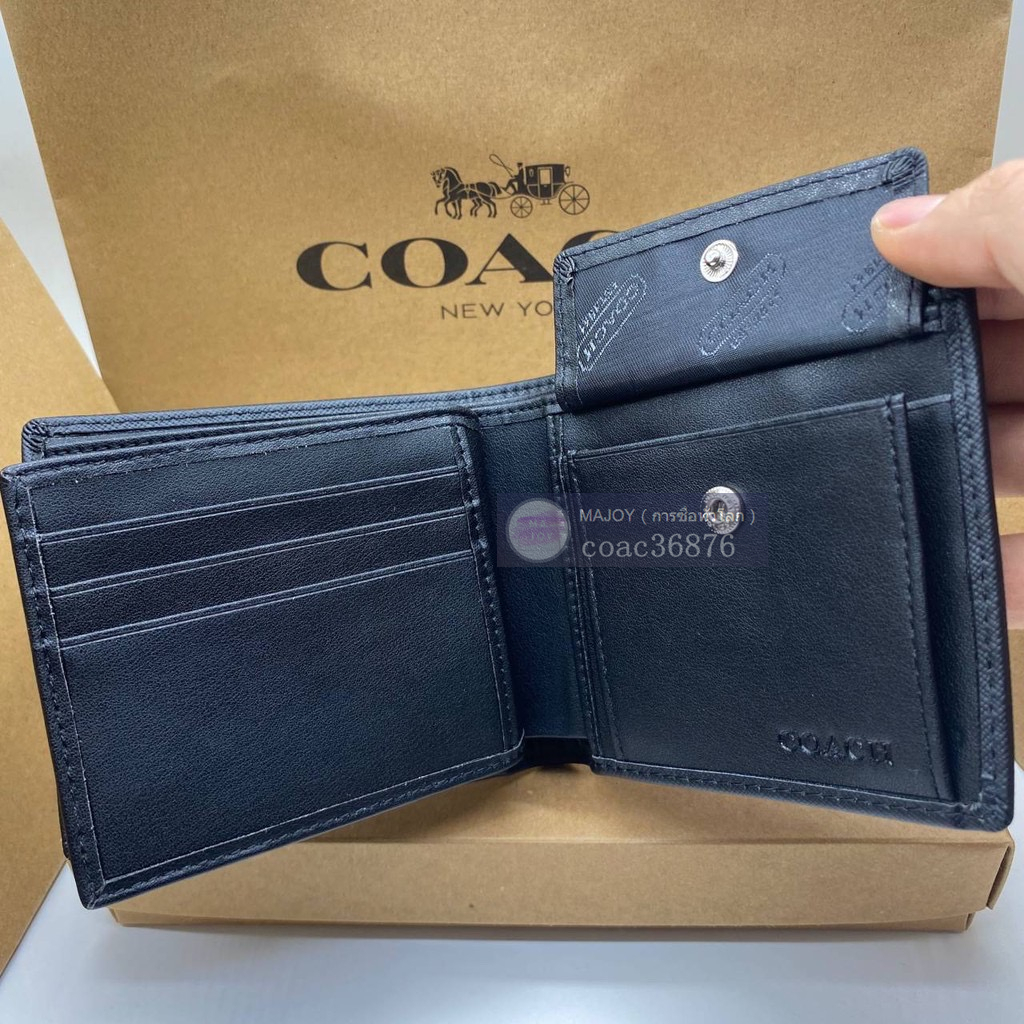 แท้💯% / ปลอดภาษี COACH กระเป๋าสตางค์ผู้ชายใบสั้นสองพับ，พร้อมกระเป๋าใส่เหรียญ 1 ใบ