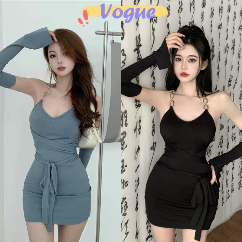 Vogue พร้อมส่ง ชุดเดรสสั้นสายเดี่ยวแขนกุด สายคล้องคอ+ปลอกแขน เว้าหลังเซ็กซี่ (FY2156) -H
