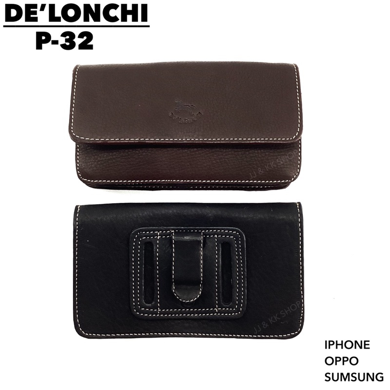 Delonchi ซองหนังใส่มือถือ ซองใส่โทรศัพท์หนัง แนวนอน รุ่นP-32 กระเป๋าสอดเข็มขัดหนังแท้ กป.เหน็บเอวชาย หนังวัวแท้