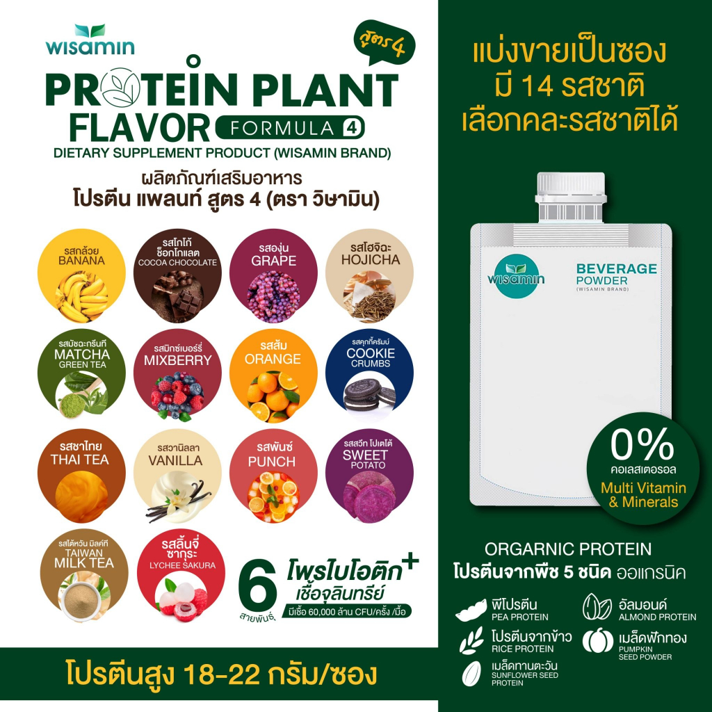 โปรตีนแพลนท์ PROTEIN PLANT สูตร 4 มี 14 รสชาติ (ชนิดซองชงดื่ม 50 กรัม) โปรตีนจากพืช 5 ชนิด มีโพรไบโอติกส์ 6 สายพันธุ์