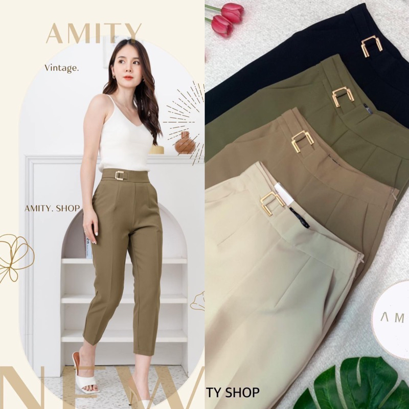 💥💥มือ 1 กางเกงทำงาน ผู้หญิง กางเกงขา 8 ส่วน แต่งเข็มขัด ซิปข้าง ป้าย Amity